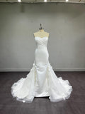 Strapless Satin Mermaid Wedding Dress, 3D Floral Tulle Bridal Gown, Sweetheart Ruched Bodice Wedding Gown with Detachable Floral Train