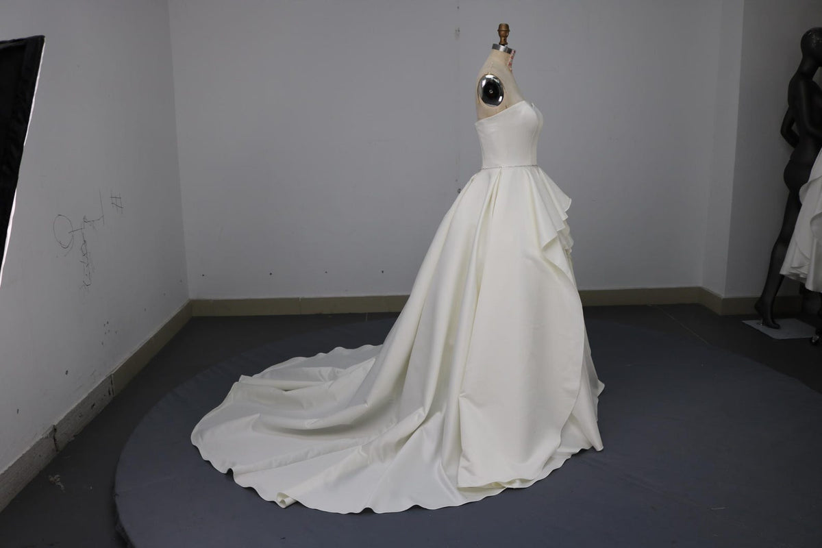 Strapless Satin A-Line Wedding Dress, Ruffle Skirt Chapel Train Bridal Gown