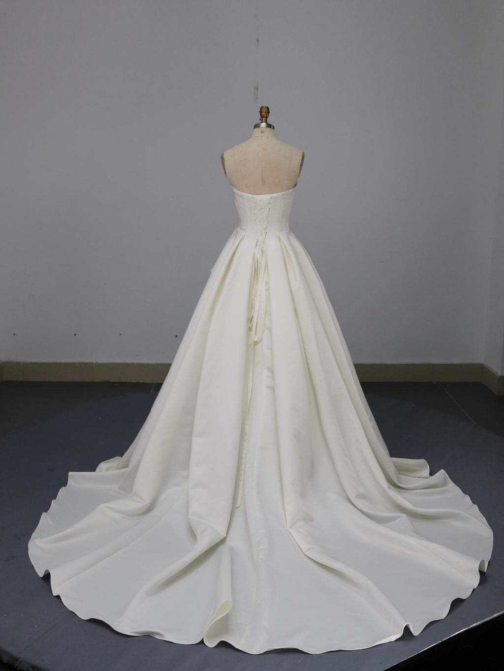 Strapless Satin A-Line Wedding Dress, Ruffle Skirt Chapel Train Bridal Gown