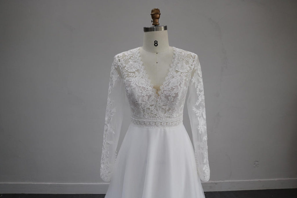 Long Sleeve Lace A-Line Wedding Dress, V Neck Tulle Bridal Gown
