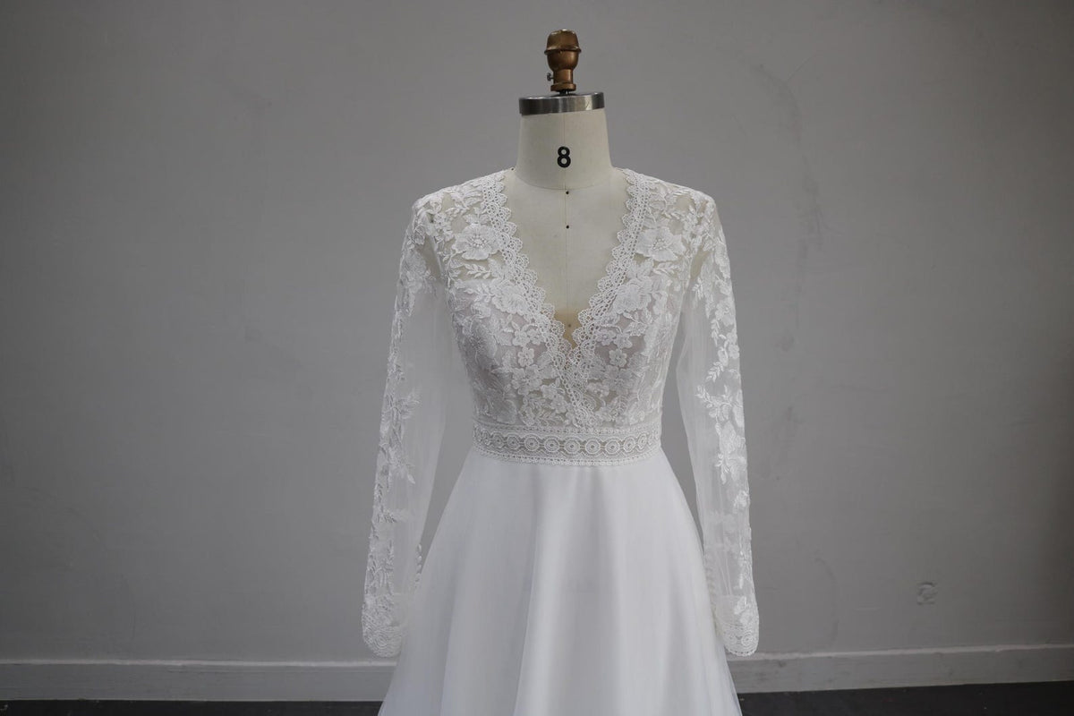 Long Sleeve Lace A-Line Wedding Dress, V Neck Tulle Bridal Gown