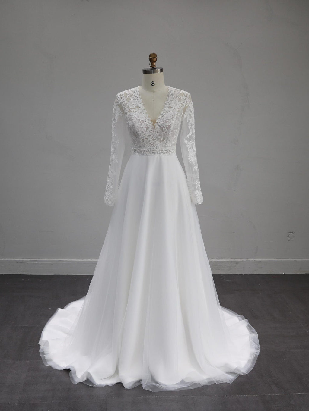 Long Sleeve Lace A-Line Wedding Dress, V Neck Tulle Bridal Gown