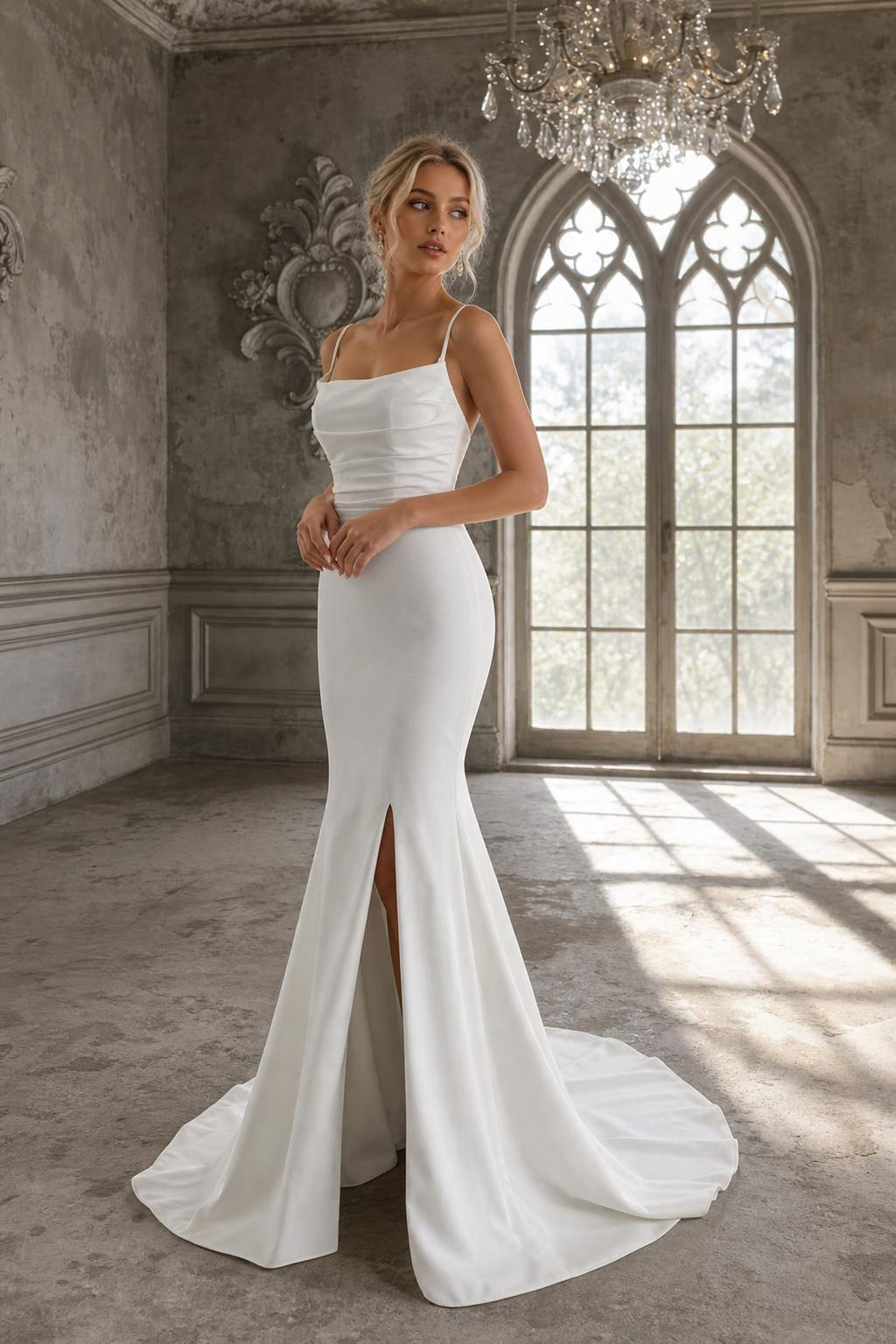 Spaghetti Strap Mermaid Wedding Dress, Slit Ruched Bridal Gown