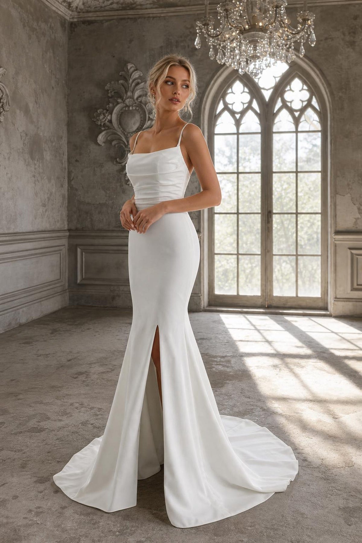 Spaghetti Strap Mermaid Wedding Dress, Slit Ruched Bridal Gown