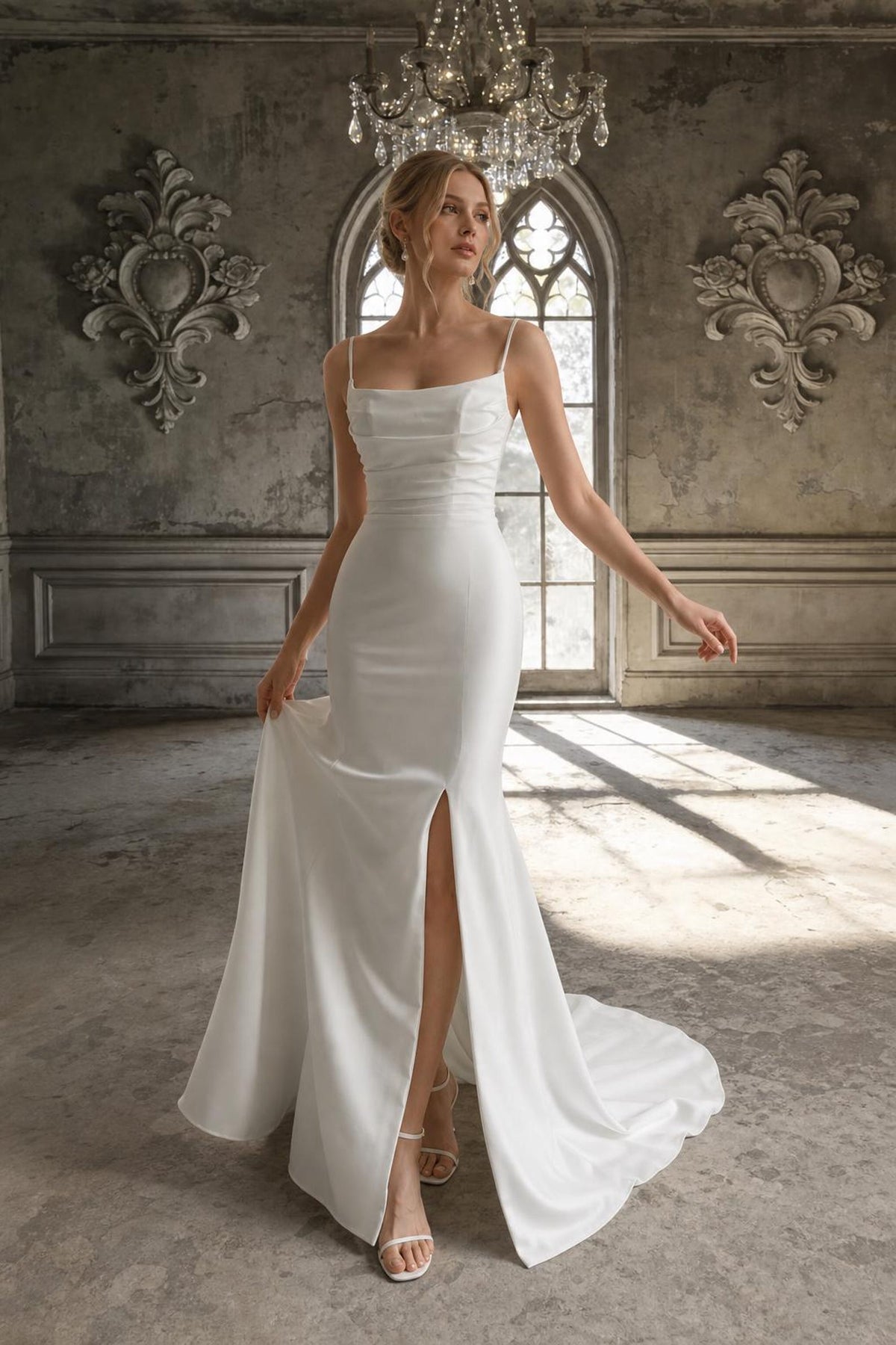 Spaghetti Strap Mermaid Wedding Dress, Slit Ruched Bridal Gown