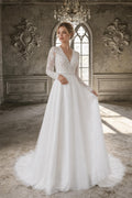 Long Sleeve Lace A-Line Wedding Dress, V Neck Tulle Bridal Gown