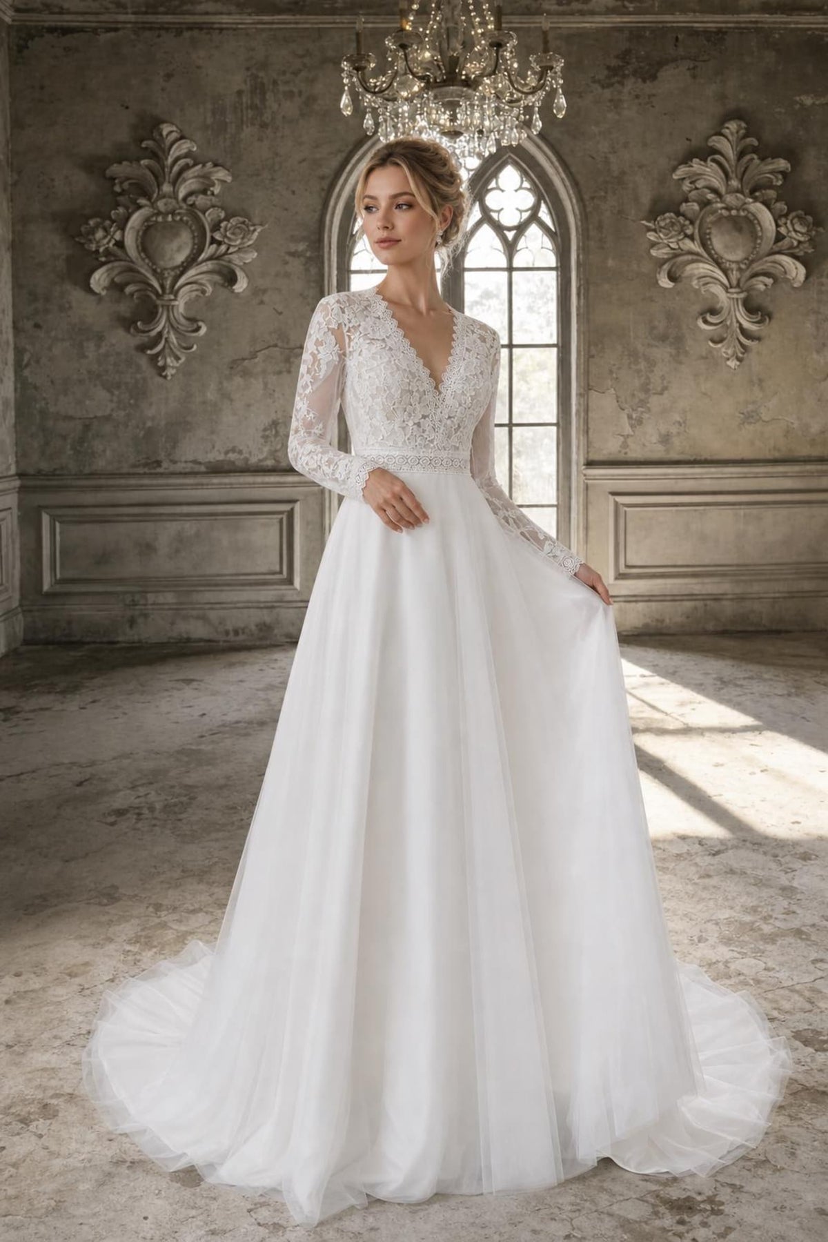 Long Sleeve Lace A-Line Wedding Dress, V Neck Tulle Bridal Gown