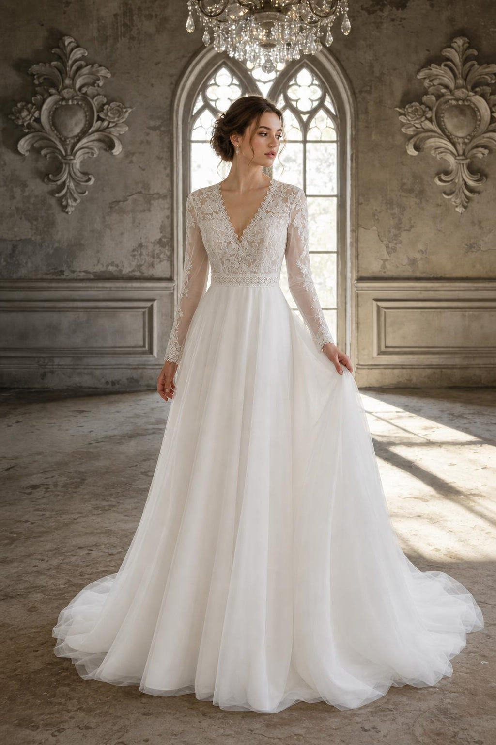 Long Sleeve Lace A-Line Wedding Dress, V Neck Tulle Bridal Gown