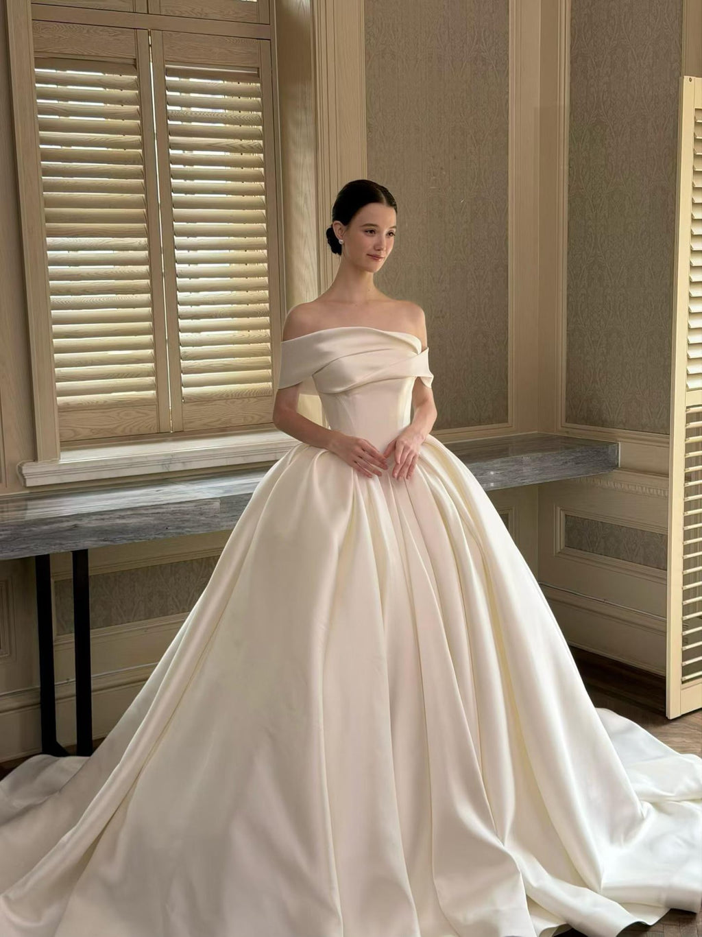 Off Shoulder Satin Ball Gown Wedding Dress, Draped Fold Neckline Bridal Gown, Luxury Ivory Wedding Gown with Train