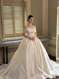 Off Shoulder Satin Ball Gown Wedding Dress, Draped Fold Neckline Bridal Gown, Luxury Ivory Wedding Gown with Train