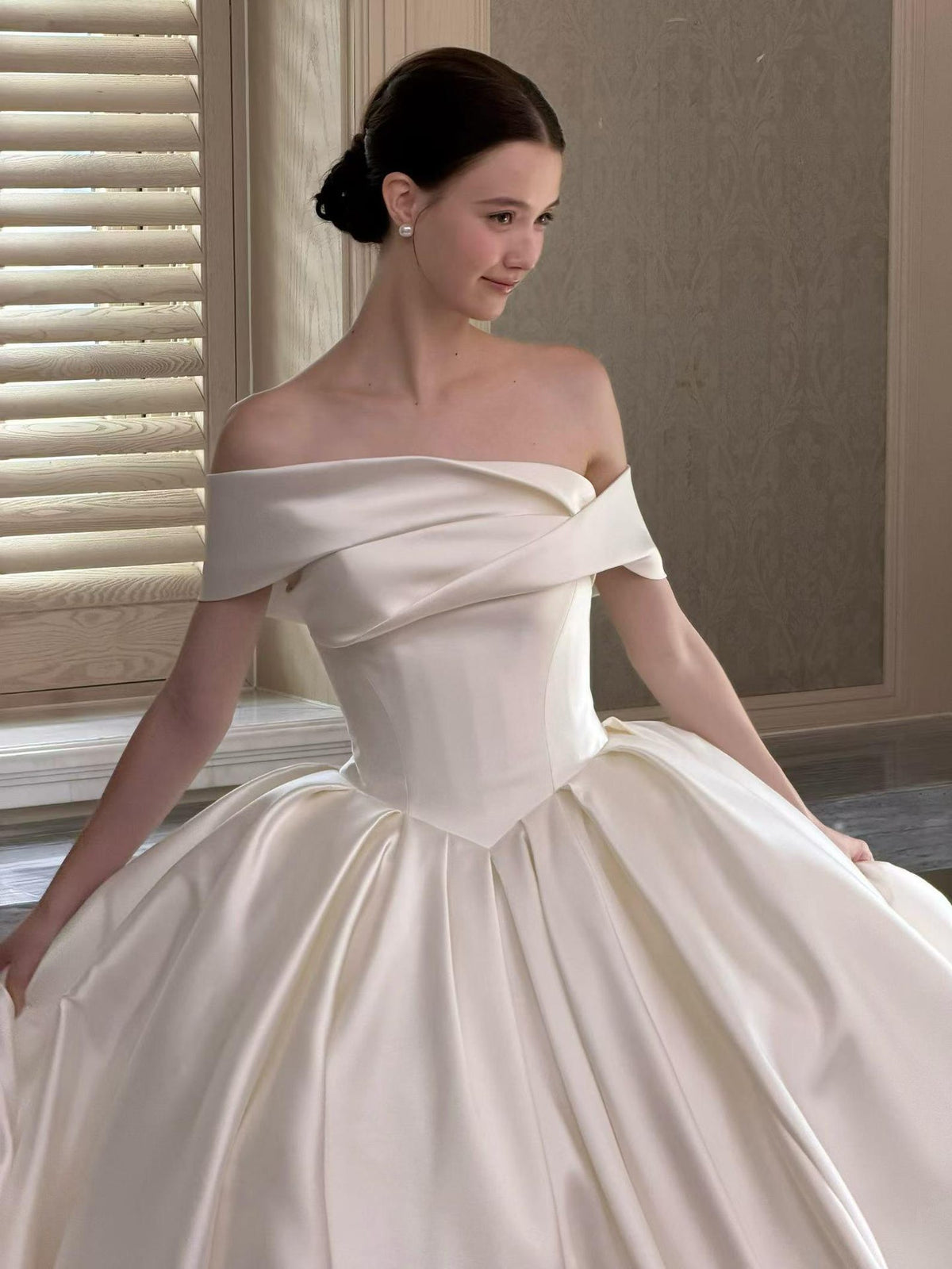 Off Shoulder Satin Ball Gown Wedding Dress, Draped Fold Neckline Bridal Gown, Luxury Ivory Wedding Gown with Train
