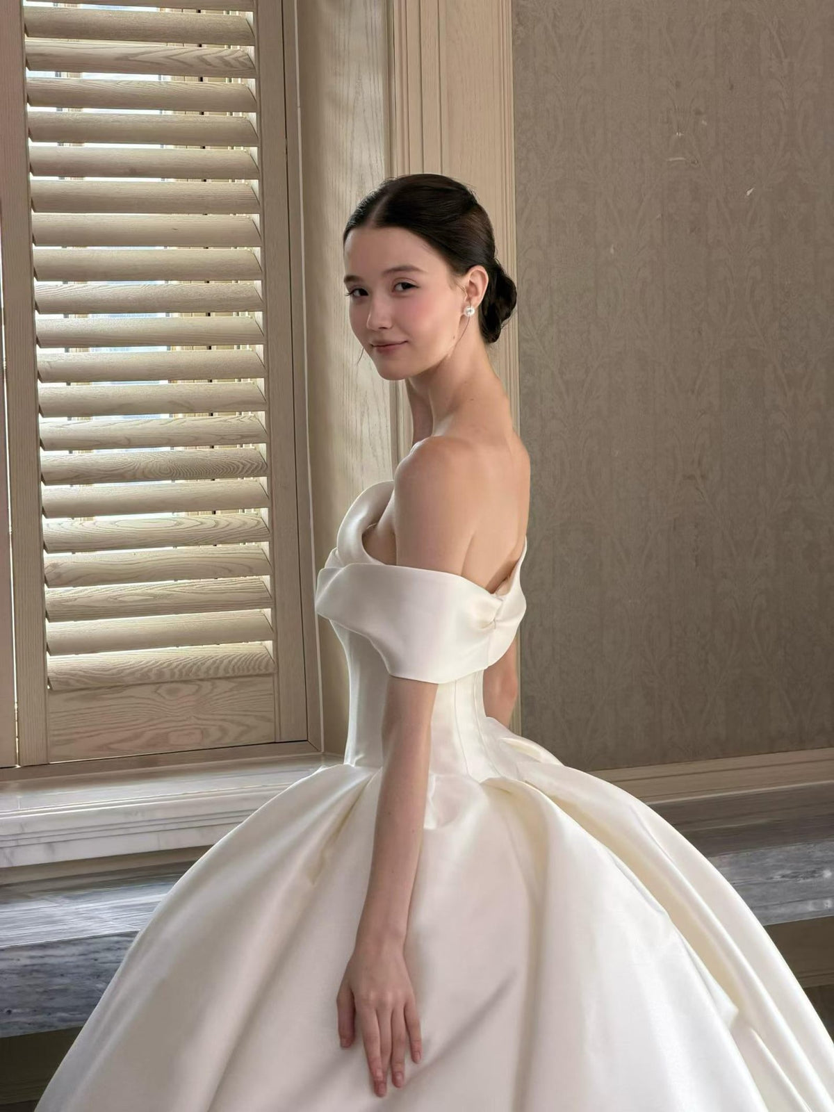 Off Shoulder Satin Ball Gown Wedding Dress, Draped Fold Neckline Bridal Gown, Luxury Ivory Wedding Gown with Train