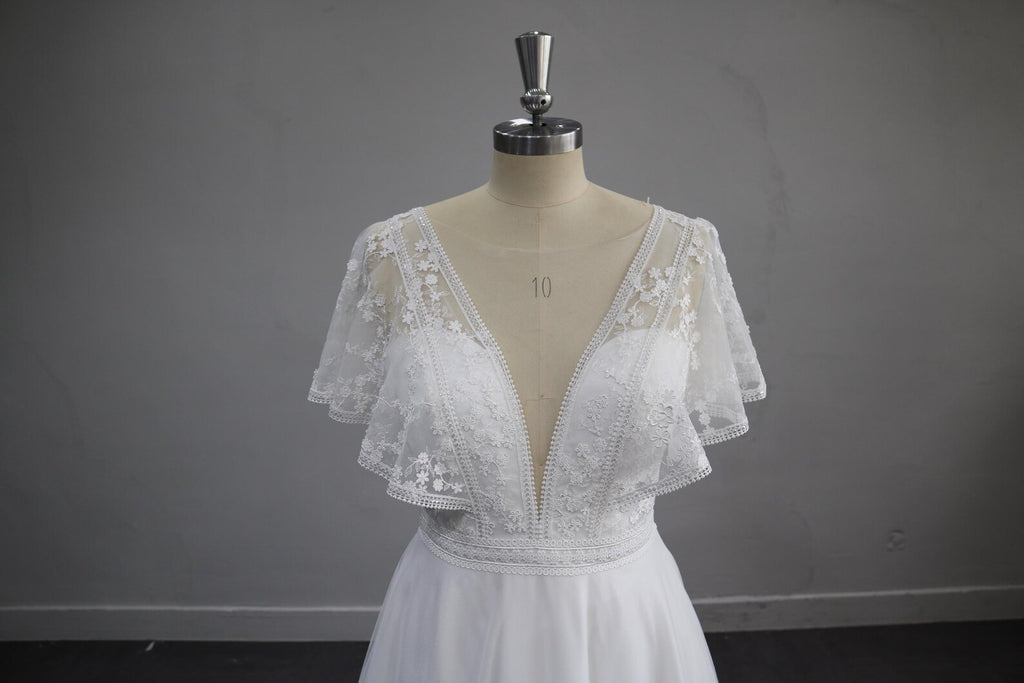 Deep V Lace A Line Wedding Dress, Flutter Short Sleeve Tulle Bridal Gown, Romantic Floral Lace Wedding Gown with Train