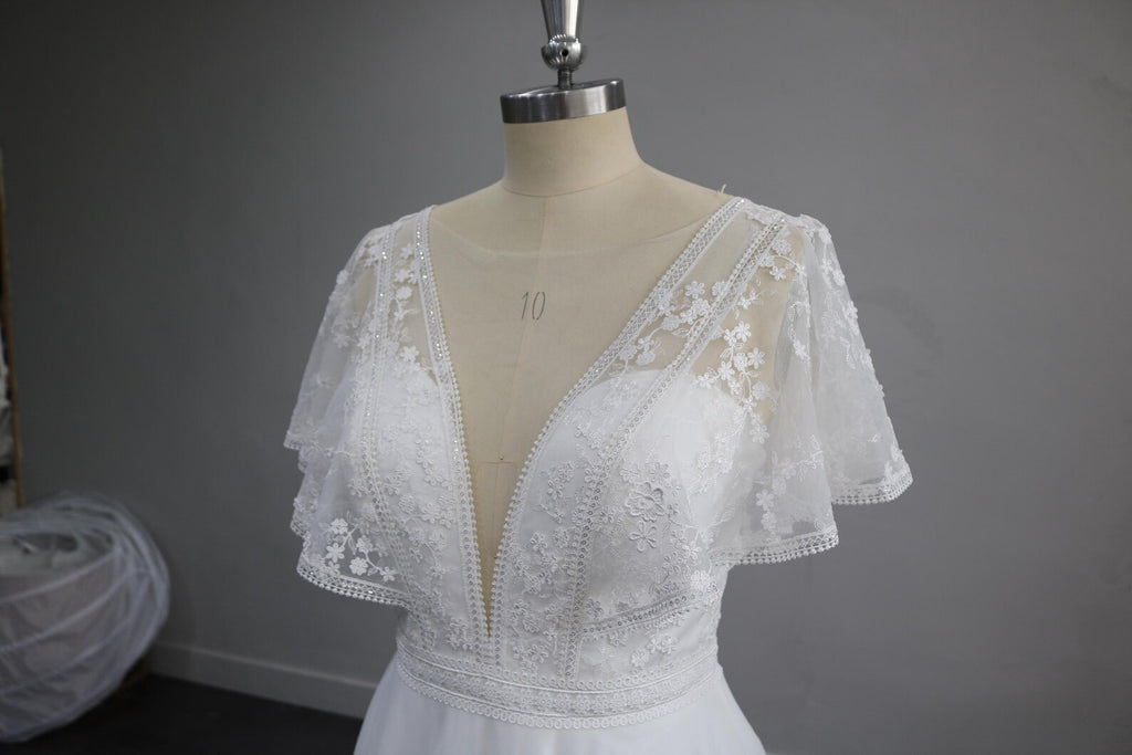 Deep V Lace A Line Wedding Dress, Flutter Short Sleeve Tulle Bridal Gown, Romantic Floral Lace Wedding Gown with Train