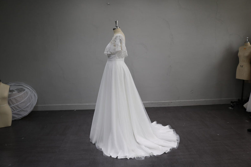 Deep V Lace A Line Wedding Dress, Flutter Short Sleeve Tulle Bridal Gown, Romantic Floral Lace Wedding Gown with Train