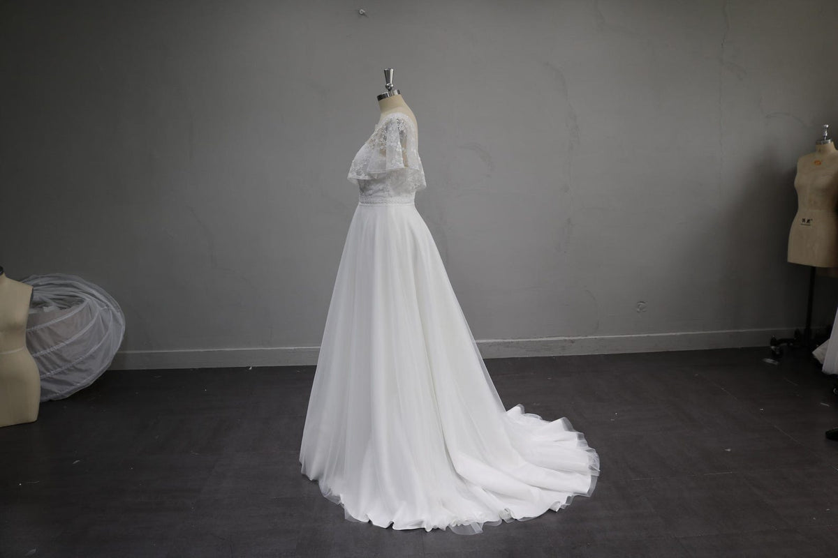 Deep V Lace A Line Wedding Dress, Flutter Short Sleeve Tulle Bridal Gown, Romantic Floral Lace Wedding Gown with Train
