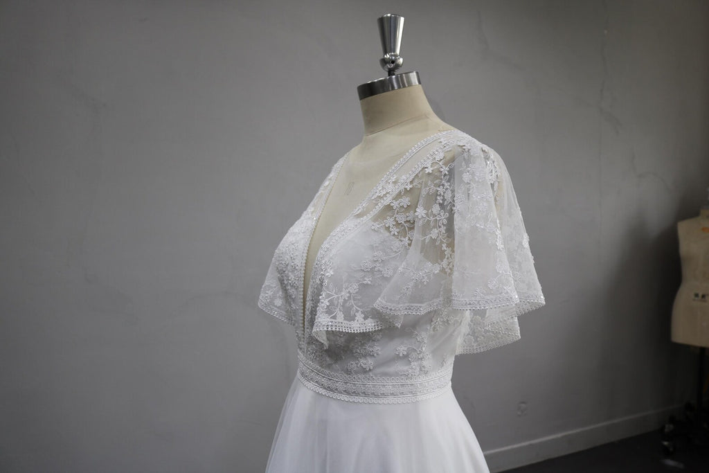 Deep V Lace A Line Wedding Dress, Flutter Short Sleeve Tulle Bridal Gown, Romantic Floral Lace Wedding Gown with Train