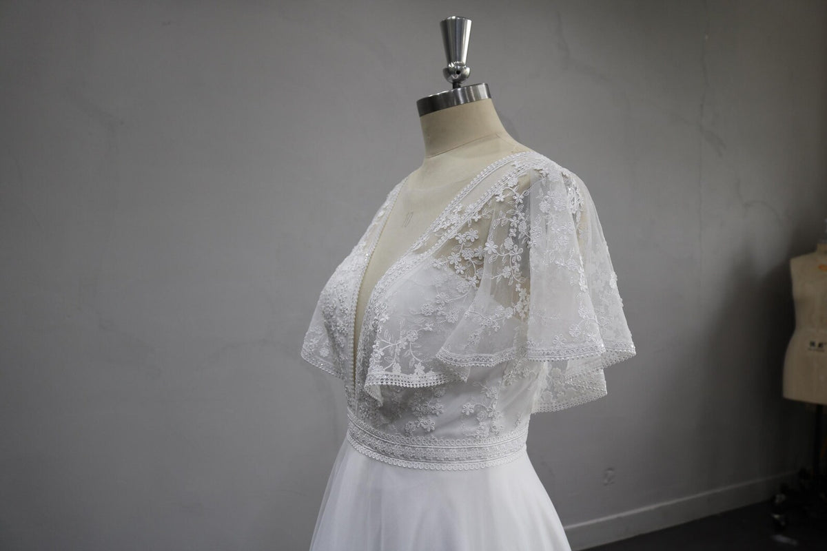 Deep V Lace A Line Wedding Dress, Flutter Short Sleeve Tulle Bridal Gown, Romantic Floral Lace Wedding Gown with Train