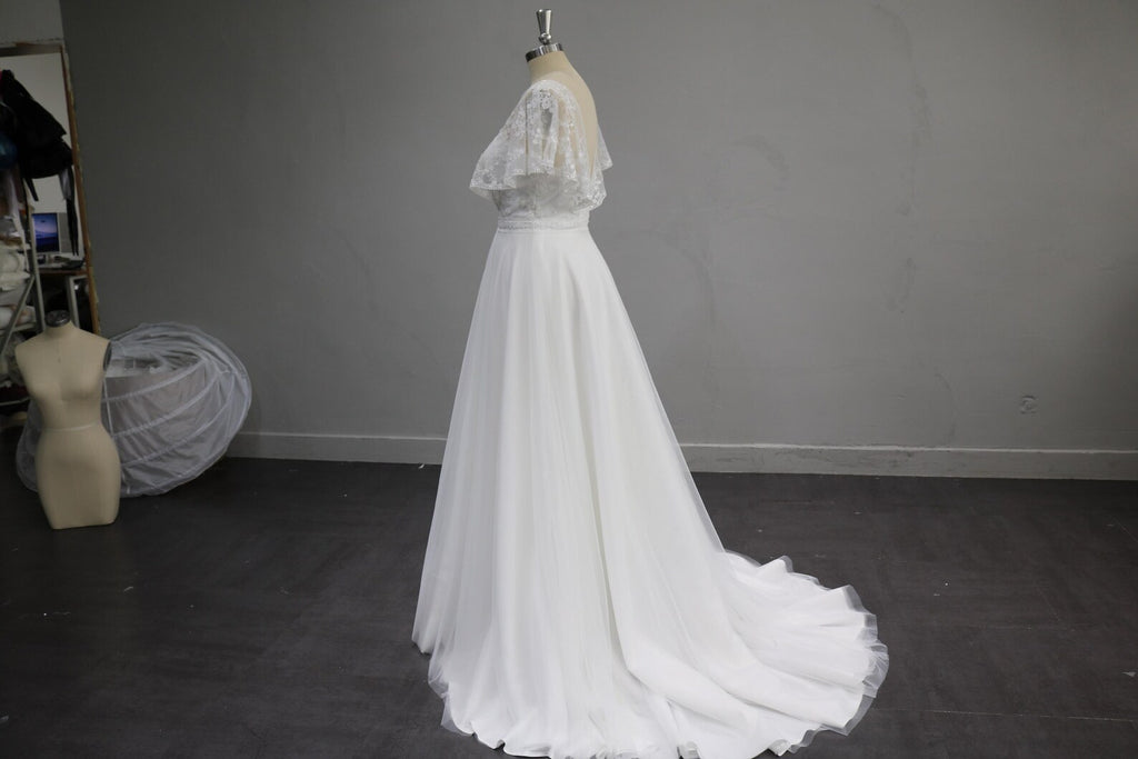 Deep V Lace A Line Wedding Dress, Flutter Short Sleeve Tulle Bridal Gown, Romantic Floral Lace Wedding Gown with Train