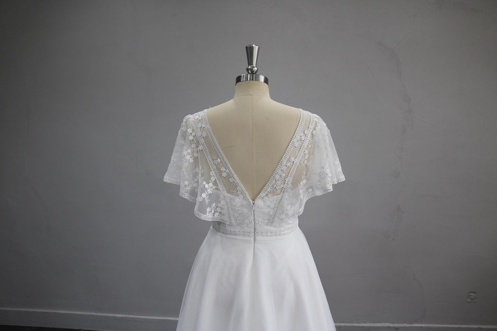 Deep V Lace A Line Wedding Dress, Flutter Short Sleeve Tulle Bridal Gown, Romantic Floral Lace Wedding Gown with Train