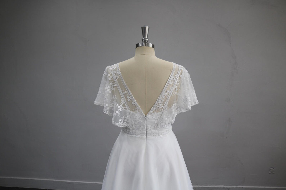 Deep V Lace A Line Wedding Dress, Flutter Short Sleeve Tulle Bridal Gown, Romantic Floral Lace Wedding Gown with Train