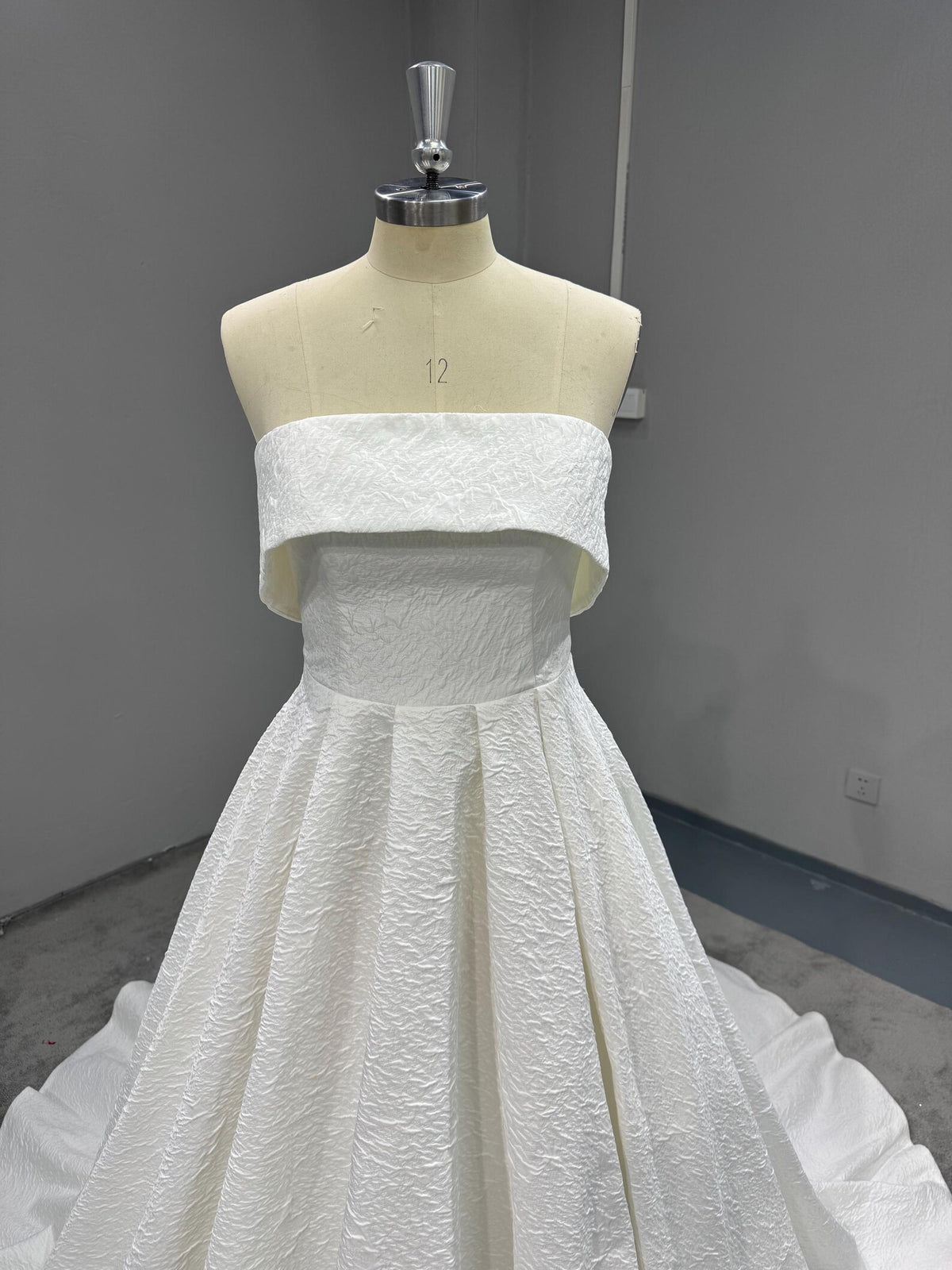 Strapless Textured Satin Ball Gown Wedding Dress, Fold Over Neckline Bridal Gown, Minimalist Wedding Gown with Train