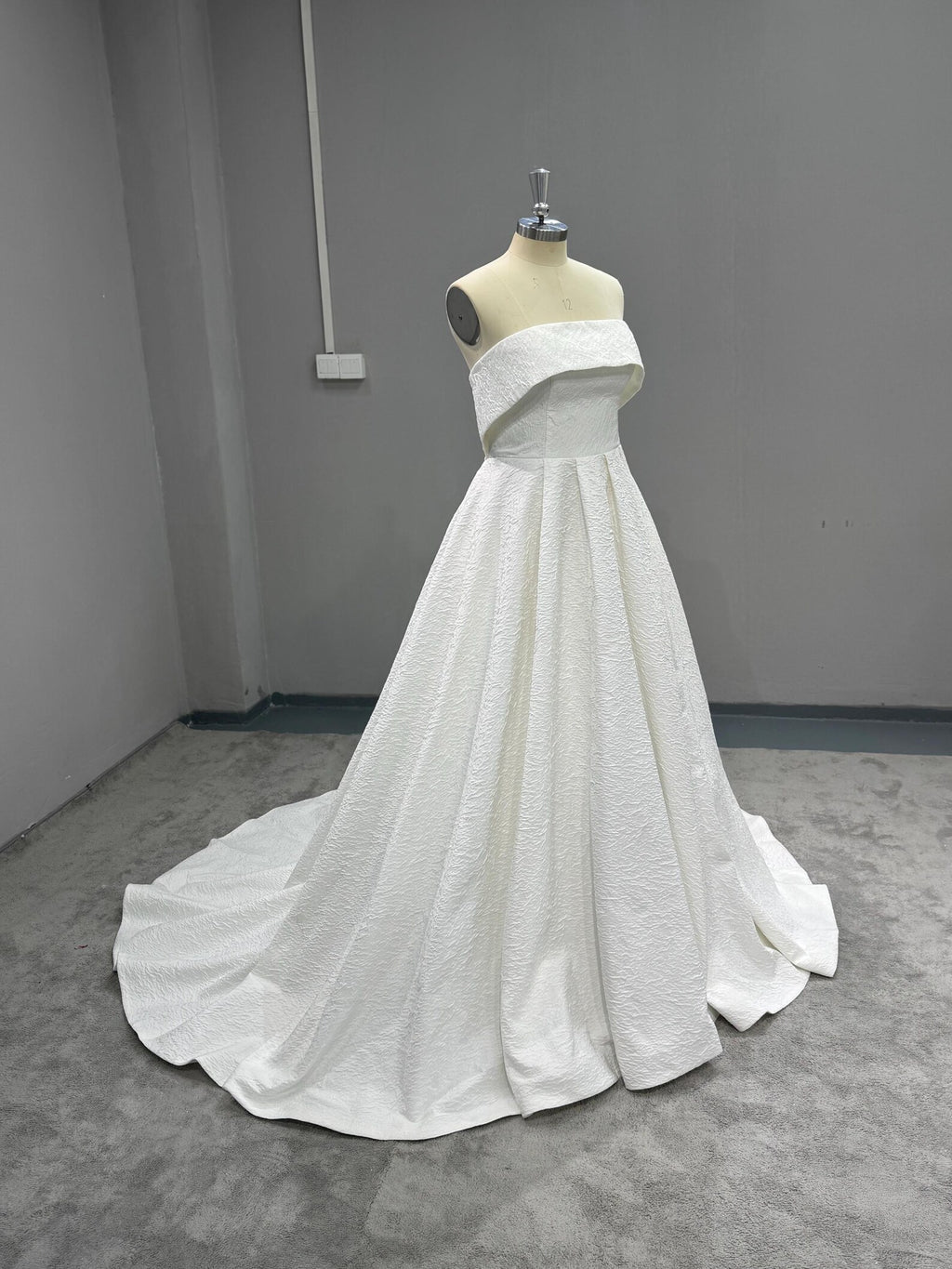 Strapless Textured Satin Ball Gown Wedding Dress, Fold Over Neckline Bridal Gown, Minimalist Wedding Gown with Train