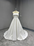 Strapless Textured Satin Ball Gown Wedding Dress, Fold Over Neckline Bridal Gown, Minimalist Wedding Gown with Train