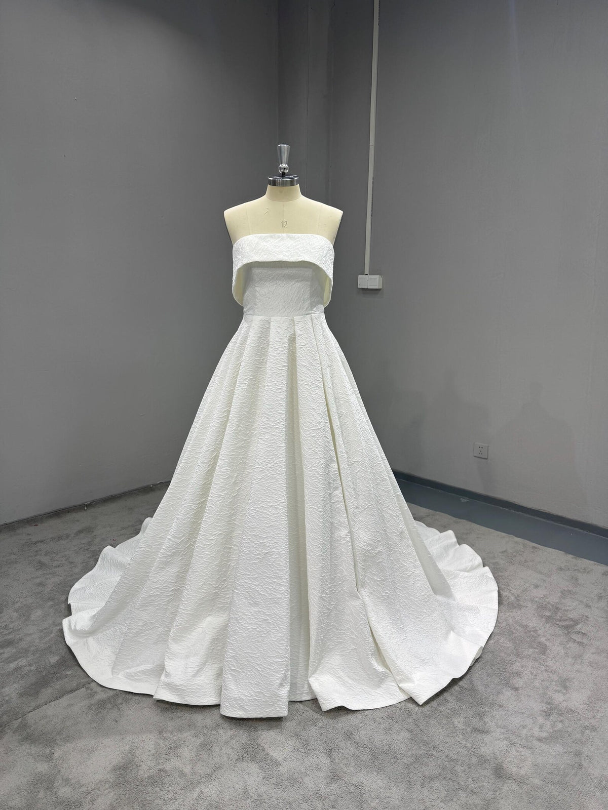 Strapless Textured Satin Ball Gown Wedding Dress, Fold Over Neckline Bridal Gown, Minimalist Wedding Gown with Train