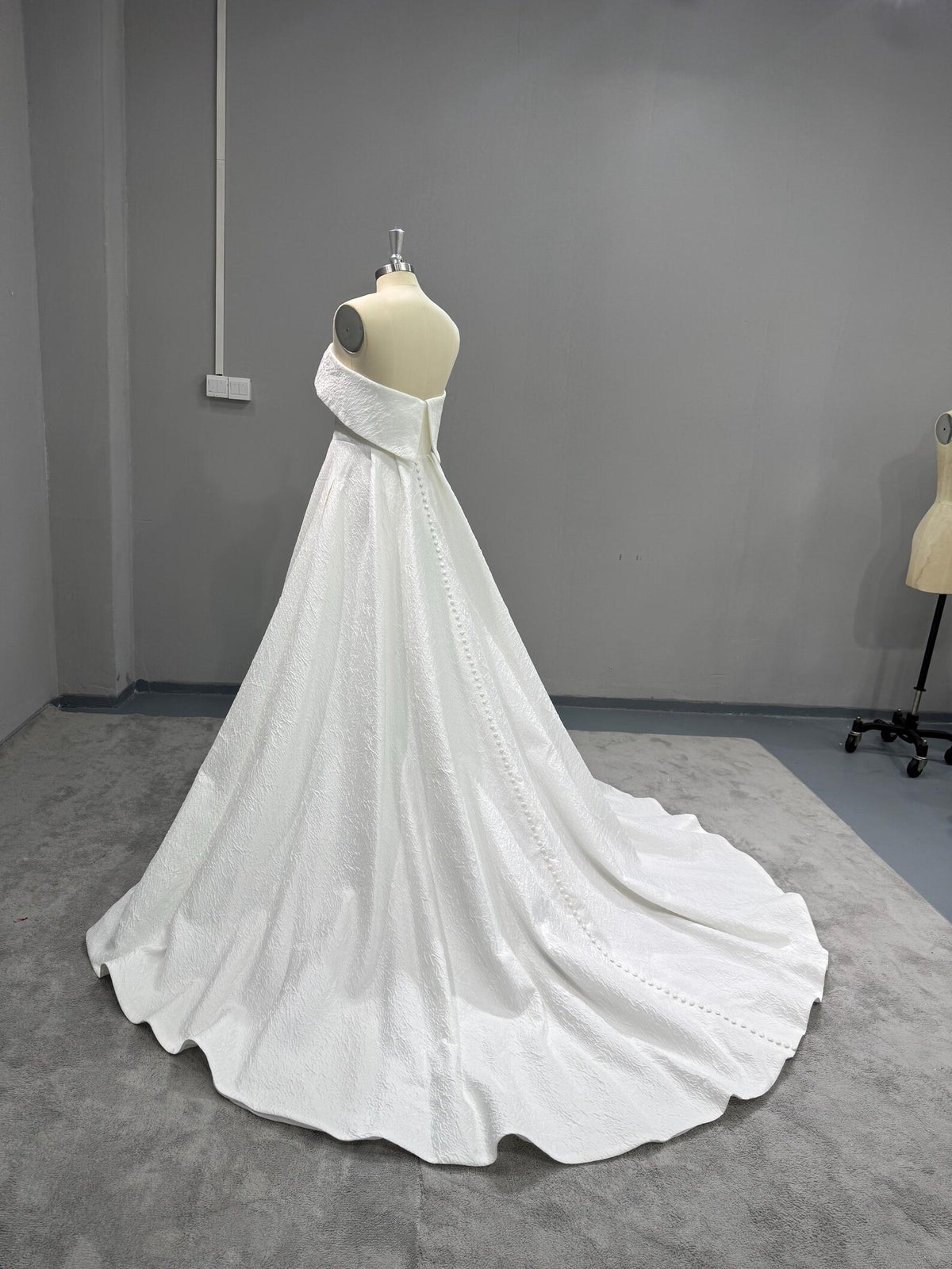 Strapless Textured Satin Ball Gown Wedding Dress, Fold Over Neckline Bridal Gown, Minimalist Wedding Gown with Train
