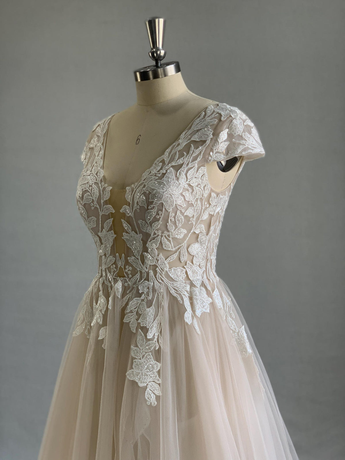V Neck Cap Sleeve Lace A Line Wedding Dress, Nude Tulle Slit Bridal Gown, Floral Lace Applique Wedding Gown with Train