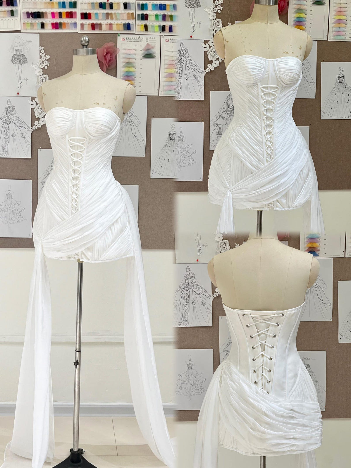 Strapless Corset Mini Wedding Dress with Long Flowy Streamers, Ruched Tulle Bridal Reception Dress, Short Wedding Gown for Elopement
