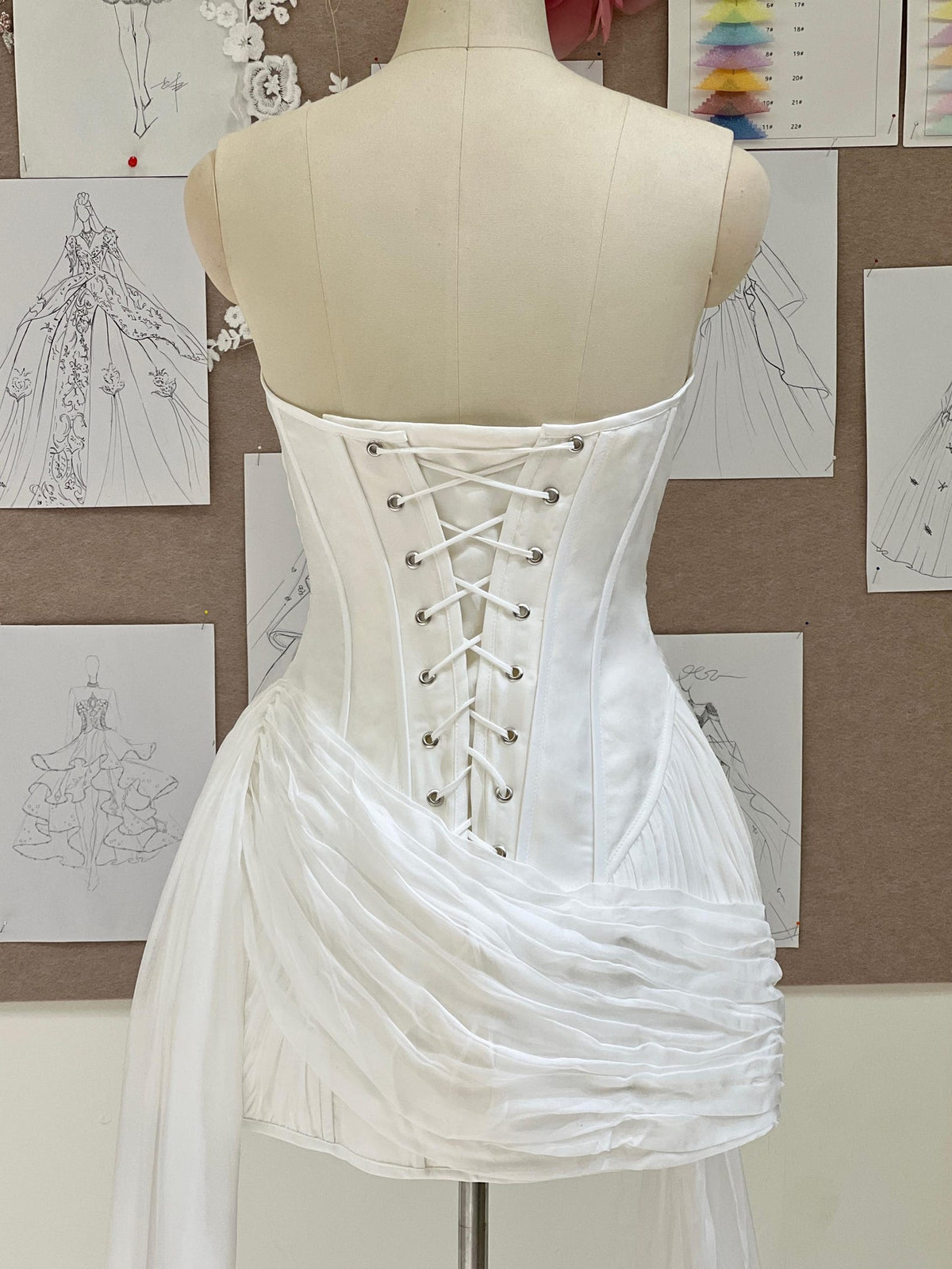 Strapless Corset Mini Wedding Dress with Long Flowy Streamers, Ruched Tulle Bridal Reception Dress, Short Wedding Gown for Elopement