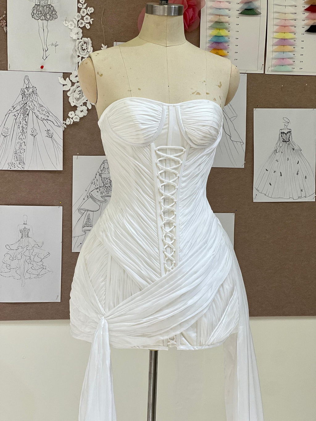 Strapless Corset Mini Wedding Dress with Long Flowy Streamers, Ruched Tulle Bridal Reception Dress, Short Wedding Gown for Elopement