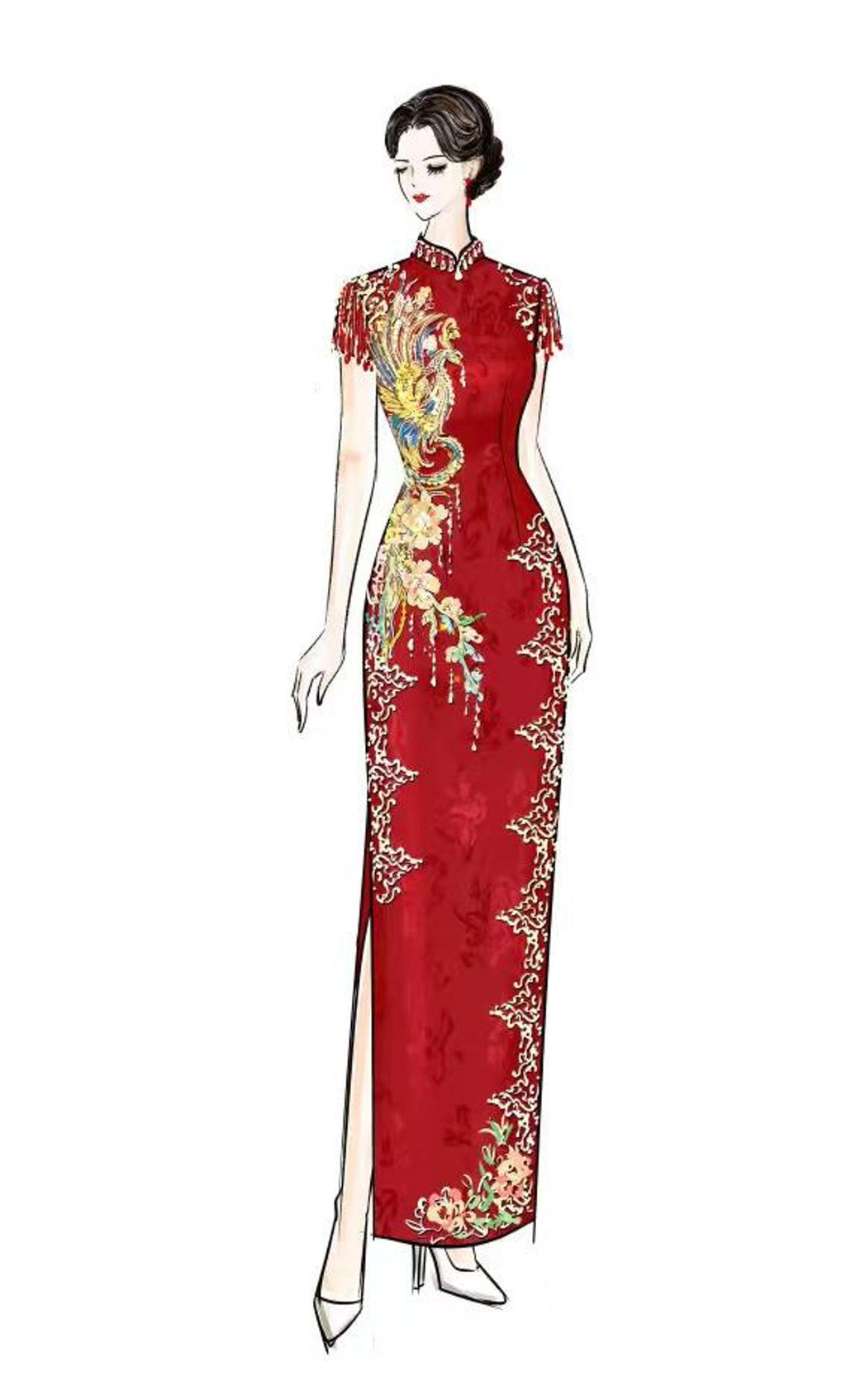 Red Phoenix Embroidery Cheongsam, Custom Wedding Qipao, Beaded Chinese Bridal Dress, Formal Evening Gown