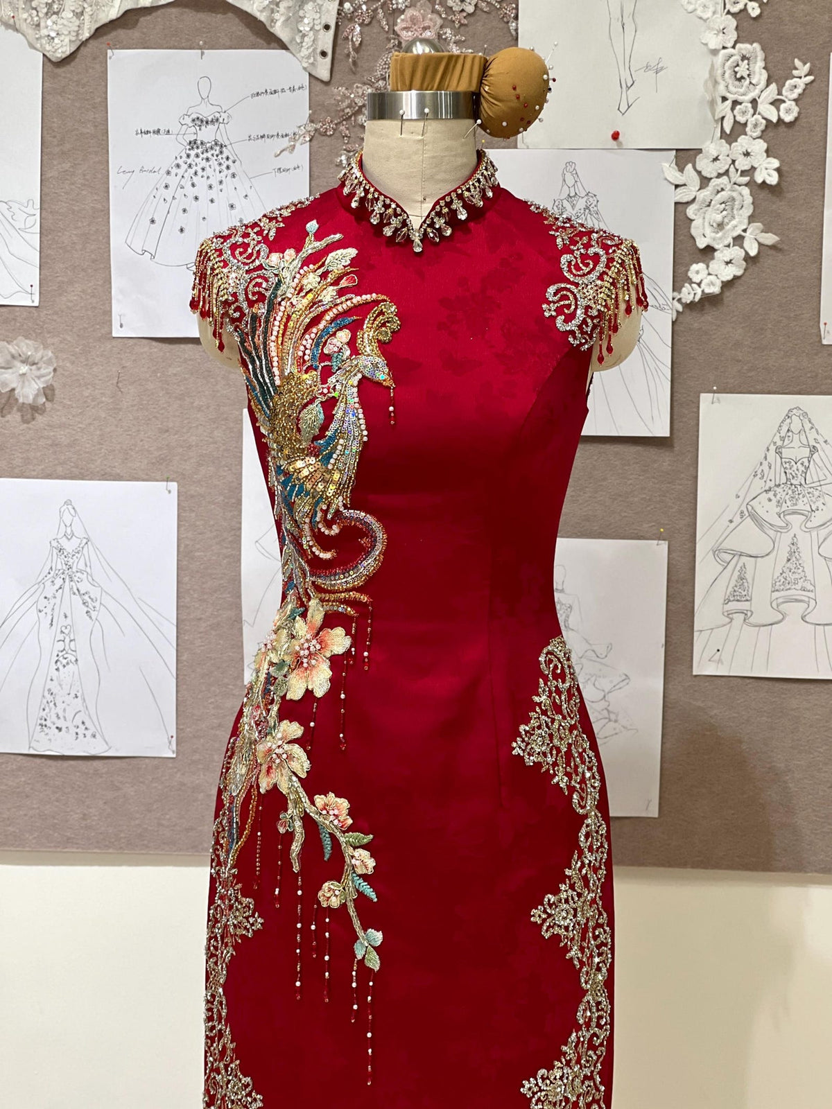 Red Phoenix Embroidery Cheongsam, Custom Wedding Qipao, Beaded Chinese Bridal Dress, Formal Evening Gown