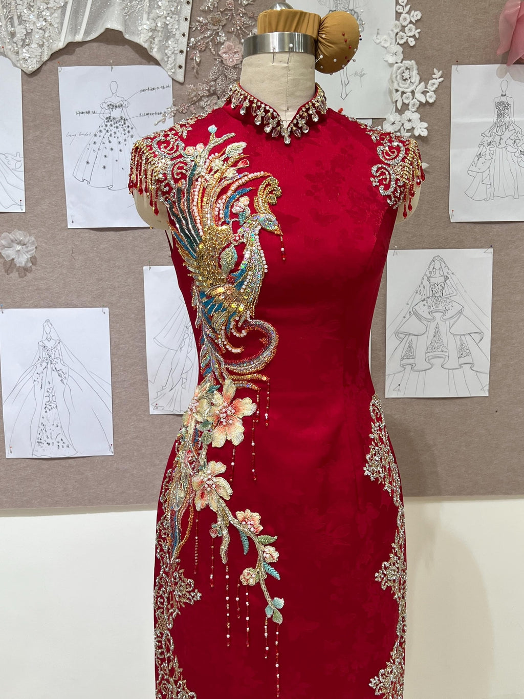 Red Phoenix Embroidery Cheongsam, Custom Wedding Qipao, Beaded Chinese Bridal Dress, Formal Evening Gown