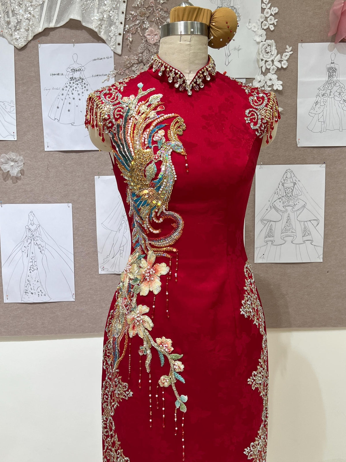Red Phoenix Embroidery Cheongsam, Custom Wedding Qipao, Beaded Chinese Bridal Dress, Formal Evening Gown