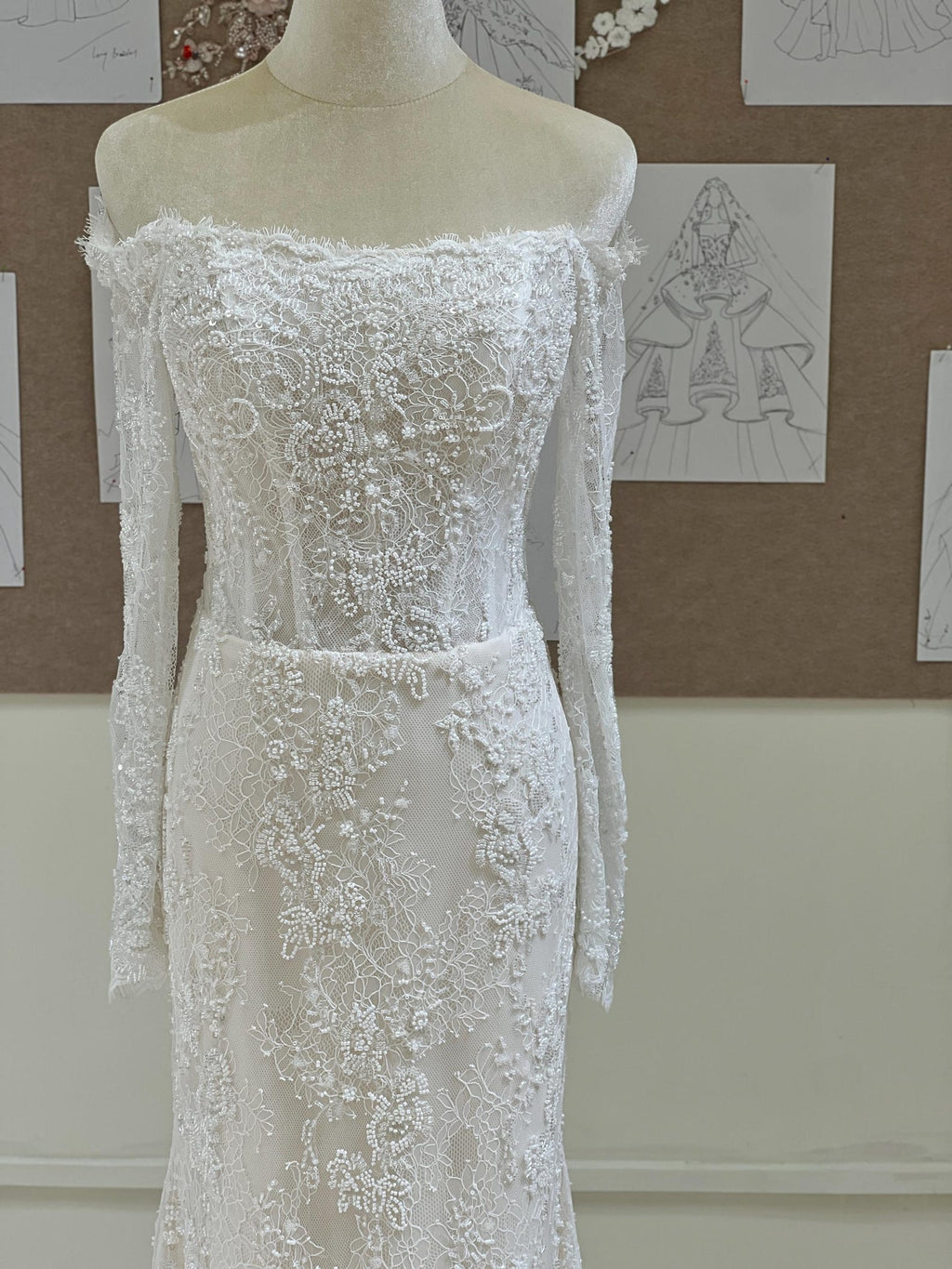 Off Shoulder Lace Mermaid Wedding Dress, Long Sleeve Floral Lace Bridal Gown, Chapel Train Wedding Gown