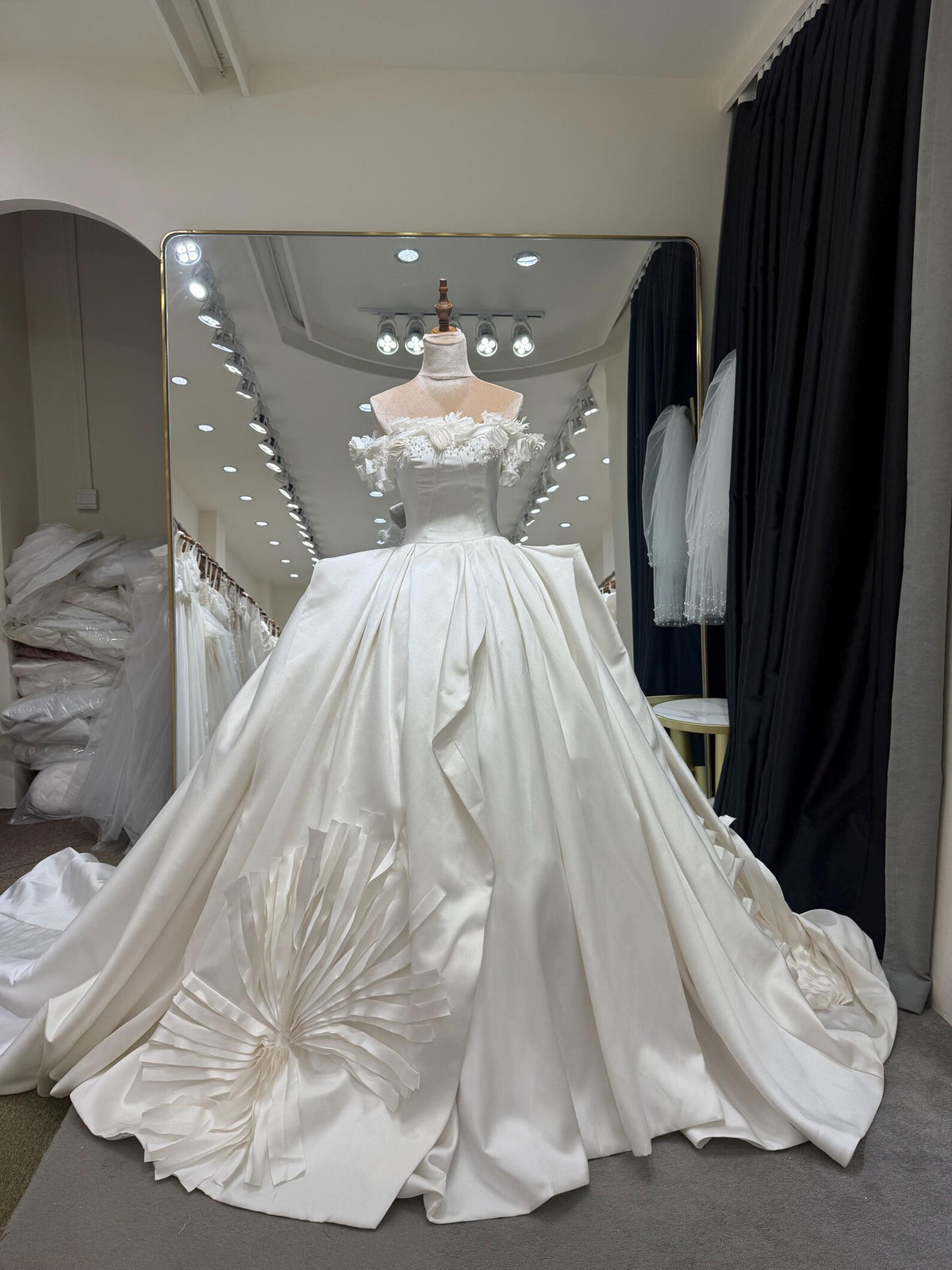 Off Shoulder Satin Wedding Dress, 3D Floral Ball Gown Bridal Gown with Train, Luxury Handmade Wedding Gown