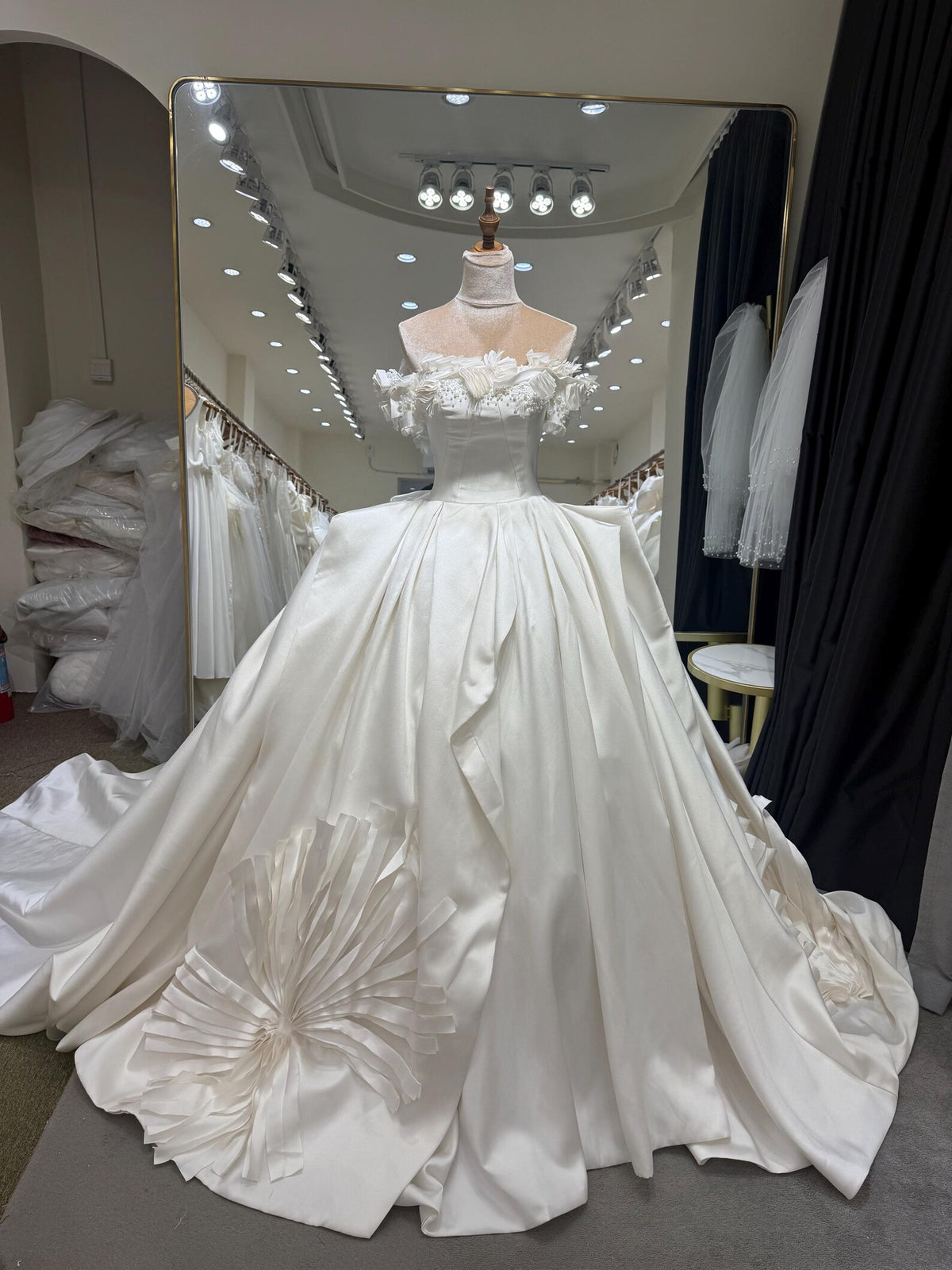 Off Shoulder Satin Wedding Dress, 3D Floral Ball Gown Bridal Gown with Train, Luxury Handmade Wedding Gown