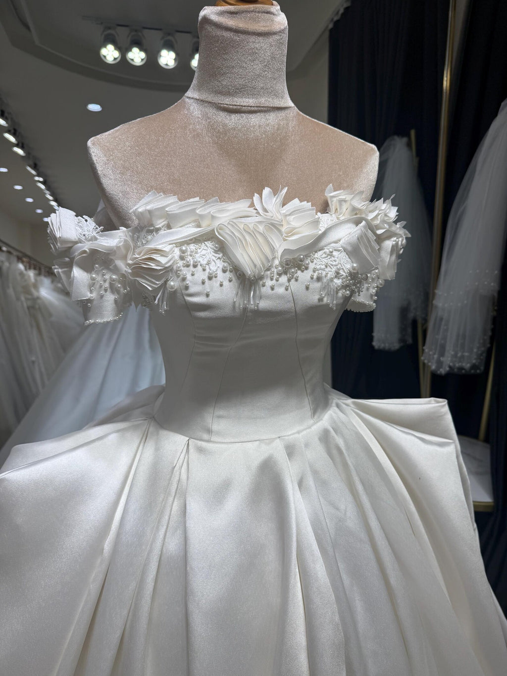 Off Shoulder Satin Wedding Dress, 3D Floral Ball Gown Bridal Gown with Train, Luxury Handmade Wedding Gown