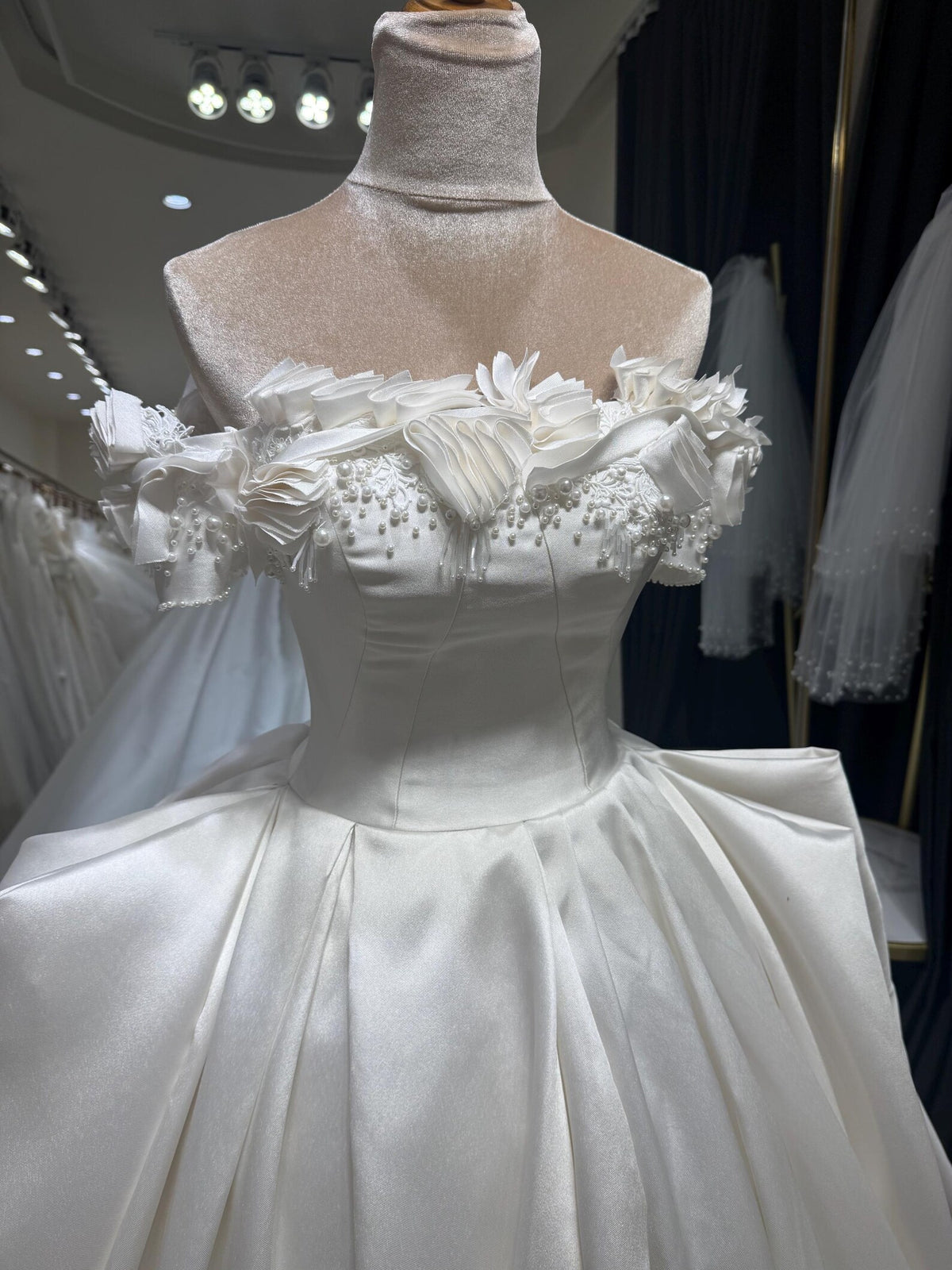 Off Shoulder Satin Wedding Dress, 3D Floral Ball Gown Bridal Gown with Train, Luxury Handmade Wedding Gown