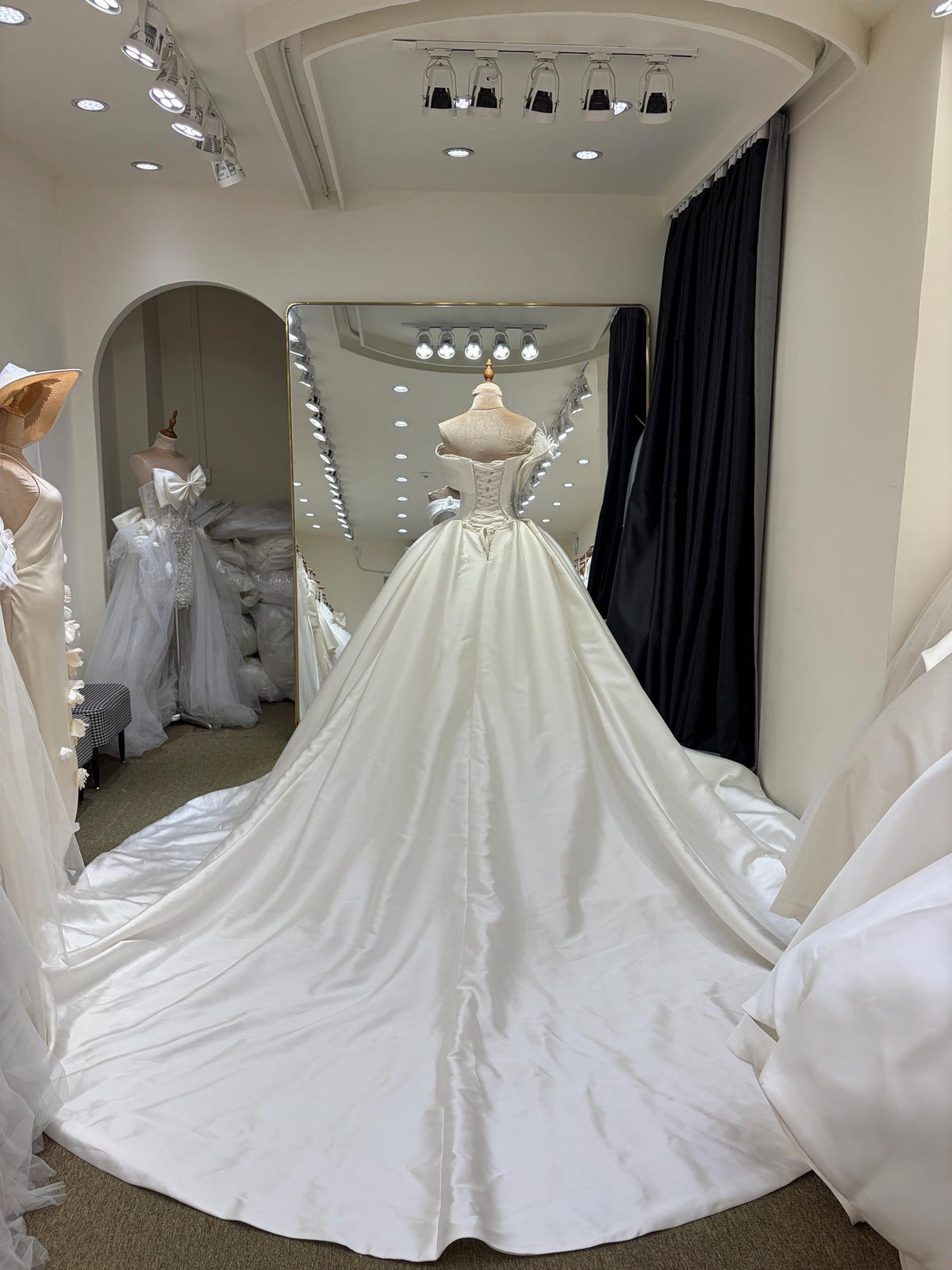 Off Shoulder Satin Ballgown Wedding Dress, 3D Floral & Feather Bridal Gown, Luxury Cathedral Train Wedding Gown