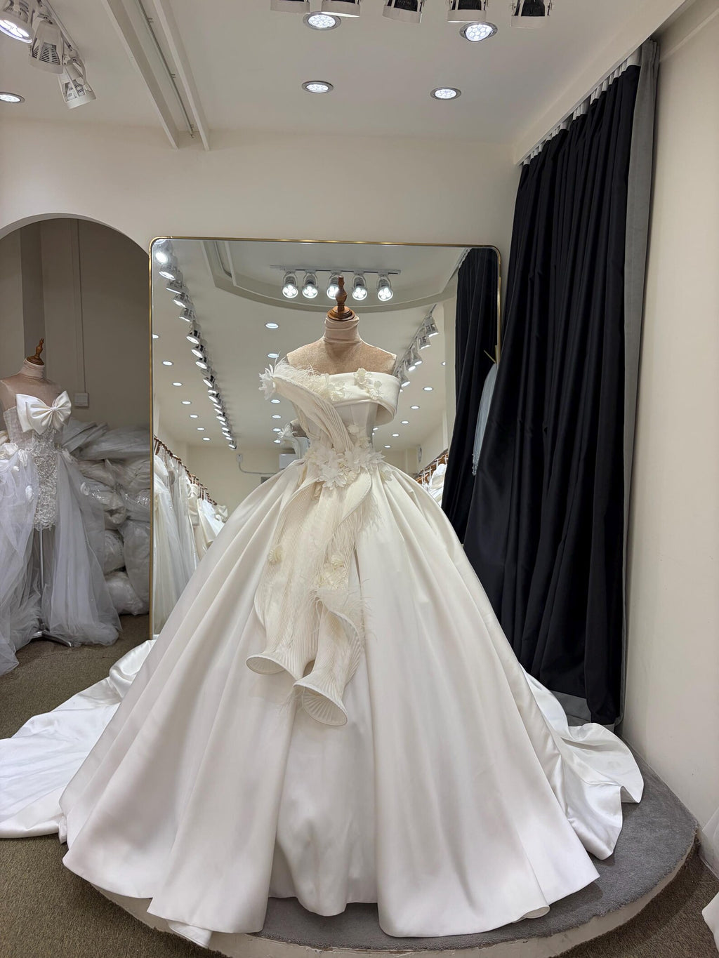 Off Shoulder Satin Ballgown Wedding Dress, 3D Floral & Feather Bridal Gown, Luxury Cathedral Train Wedding Gown