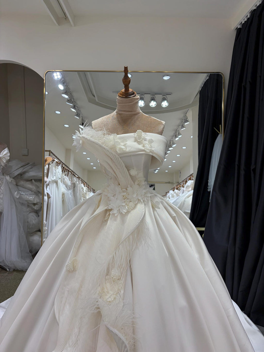 Off Shoulder Satin Ballgown Wedding Dress, 3D Floral & Feather Bridal Gown, Luxury Cathedral Train Wedding Gown