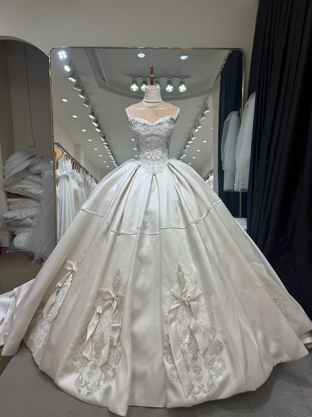 Sweetheart Satin Ballgown Wedding Dress, Lace & Bow Bridal Gown, Luxury Cathedral Train Wedding Gown