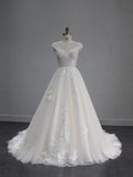 Off The Shoulder A-Line Wedding Dress V Neck Floral Lace Bridal Gown Flowy Tulle Chapel Train Wedding Gown