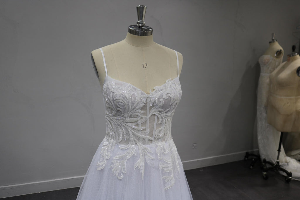 Spaghetti Strap A-Line Wedding Dress, Beaded Lace Bridal Gown, Sheer Bodice Tulle Wedding Dress with Train
