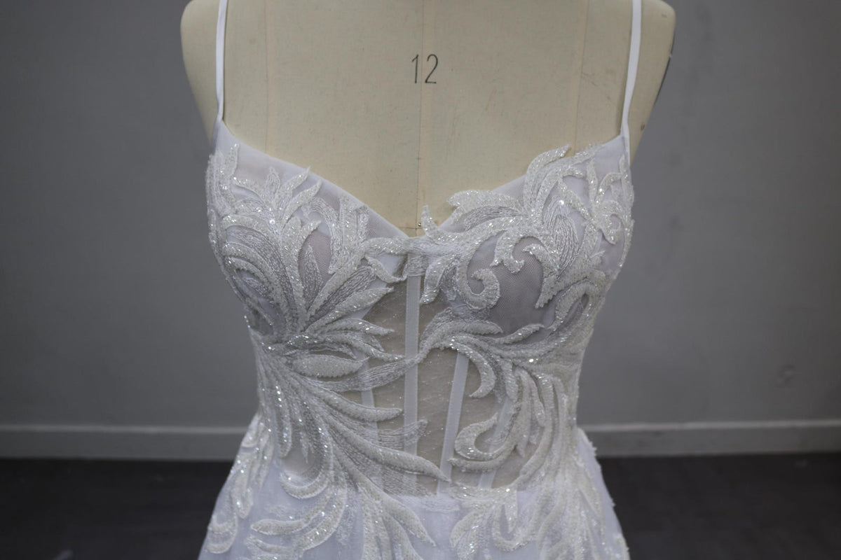 Spaghetti Strap A-Line Wedding Dress, Beaded Lace Bridal Gown, Sheer Bodice Tulle Wedding Dress with Train